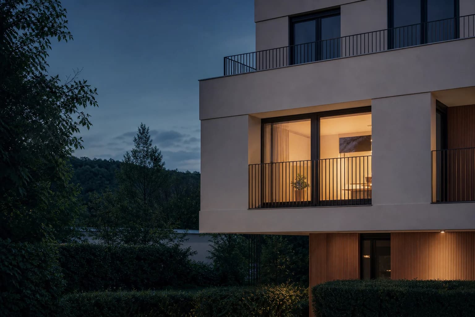 Contemporary residential architecture at blue hour